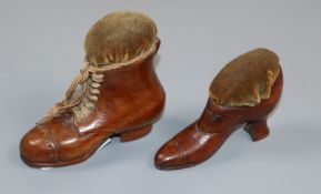 Two treen "boot" pin cushions tallest 10cm