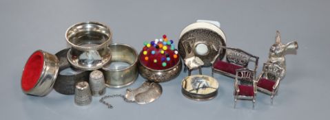 Mixed collectables including modern silver miniature furniture, silver napkin rings, silver pill box