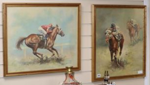 Glenn Ford, two oils on board, Horse racing scenes, signed, 59 x 49cm and 49 x 59cm