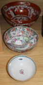 An 18th century Chinese sauceboat and bowl, and a 19th century Japanese Kutani bowl and another