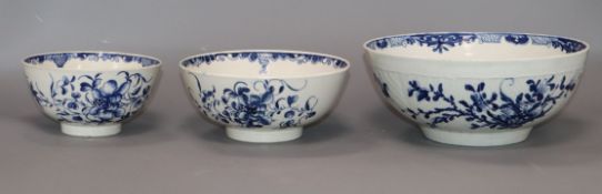 Three Worcester 'Mansfield' pattern bowls, c.1760-70, two with crescent marks