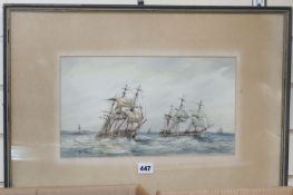 Max Parsons (1915-1998), ink and watercolour, Frigates off the coast, signed, 21 x 37cm