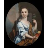 Early 18th century English Schooloil on canvasPortrait of a young lady with a parrot and