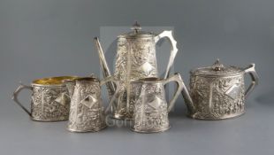 A good early 20th century Chinese Export silver five piece tea and coffee service, by Wang Hing,