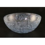 A Rene Lalique 'Pinsons' clear and blue-stained etched glass bowl, decorated with finches and