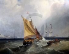 James Wilson Carmichael (1800-1868)oil on canvasDutch fishing boats and a man o'war off