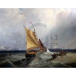 James Wilson Carmichael (1800-1868)oil on canvasDutch fishing boats and a man o'war off