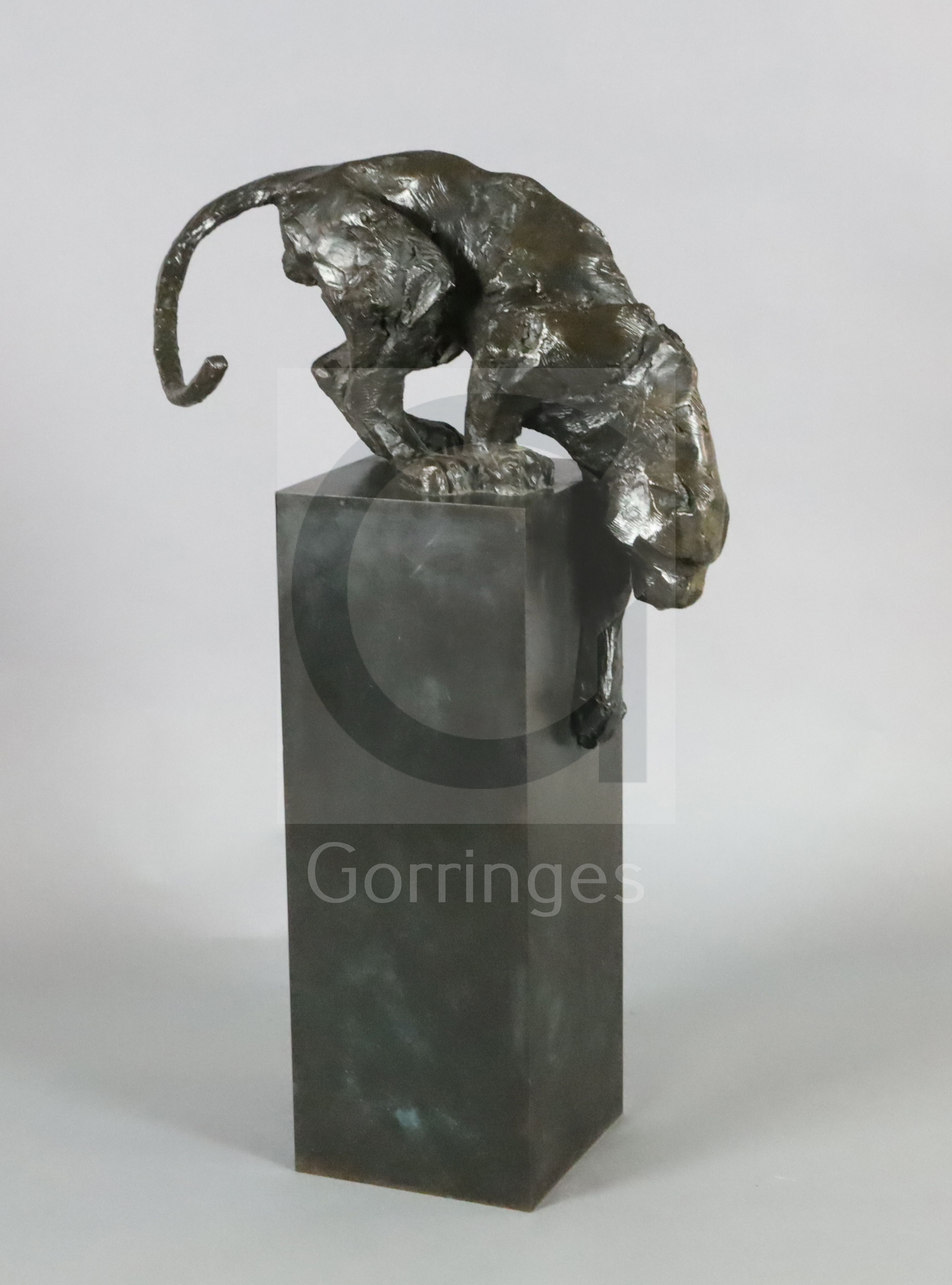 § Kate Denton (British b.1954). A patinated bronze group, 'Panther', on square bronze pillar, H.35.