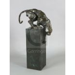 § Kate Denton (British b.1954). A patinated bronze group, 'Panther', on square bronze pillar, H.35.