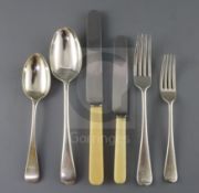 A part service of Hanover pattern silver flatware in brass mounted oak canteen (bearing J F Adye