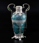 An early 20th century Austrian? secessionist silver and plique a jour mounted two handled blue/green