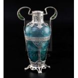 An early 20th century Austrian? secessionist silver and plique a jour mounted two handled blue/green
