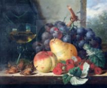 Edward Ladell (1821-1886)oil on canvasStill life with wine glass, grapes, a pear, peaches,