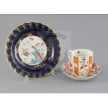 A Worcester scalloped plate and similar ribbed coffee cup and saucer, c.1770-90, the former