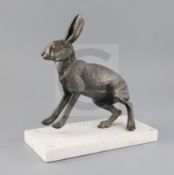 Sally Arnup (1930-2015). bronze 'Running Hare', signed and numbered X/X, on marble plinth, W.10.5in.