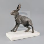 Sally Arnup (1930-2015). bronze 'Running Hare', signed and numbered X/X, on marble plinth, W.10.5in.