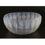 A Rene Lalique 'Perruches' blue-stained opalescent glass bowl, c.1931, model 419, etched mark 'R.