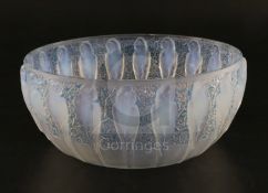 A Rene Lalique 'Perruches' blue-stained opalescent glass bowl, c.1931, model 419, etched mark 'R.