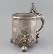 A large late 18th century Norwegian silver peg tankard, of cylindrical form, embossed in relief with