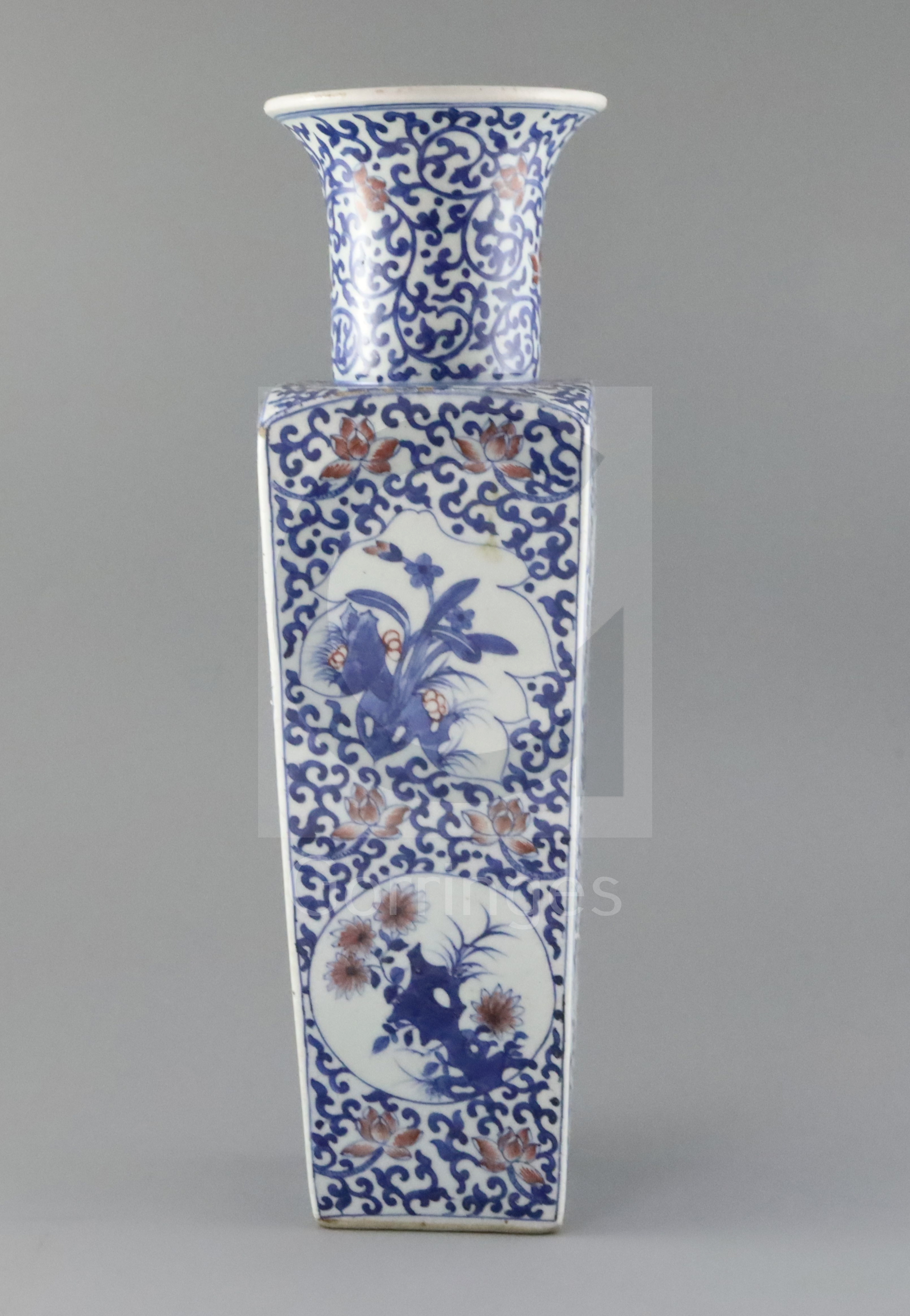 A Chinese underglaze blue and copper red square baluster vase, late Qing dynasty, painted with - Image 3 of 5