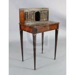 An early 19th century French rosewood and parquetry bonheur du jour, with marble topped brass