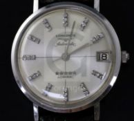 A gentleman's 1960's? 14k white gold and diamond set Longines Admiral automatic wrist watch, with