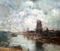 Jacob Maris (Dutch, 1837-1899)oil on canvasWindmills along a canalsigned19.5 x 23.5in.