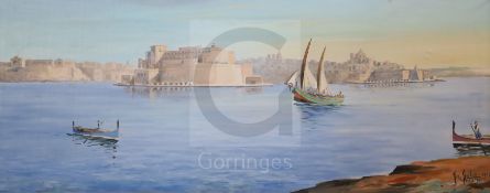 Galeaoil on canvasValetta Harbour, Maltasigned and dated 191819 x 47in.