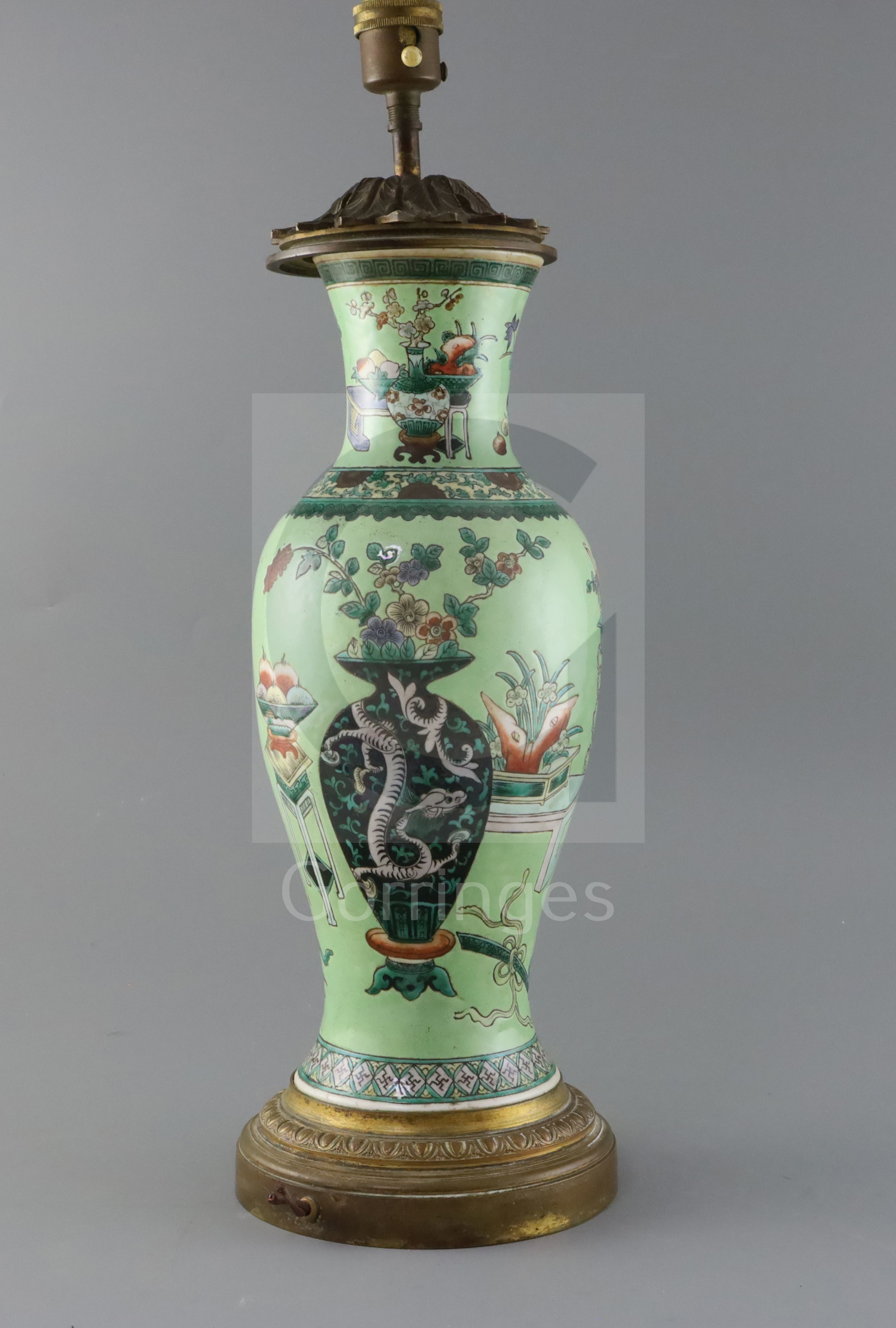 A Chinese 'Hundred Antiques' lime green ground vase, 19th century, converted to a lamp, painted with - Image 3 of 3