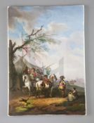 A KPM Berlin porcelain plaque painted with a scene of a cavalry encampment, after Philips Wouwerman,