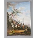 A KPM Berlin porcelain plaque painted with a scene of a cavalry encampment, after Philips Wouwerman,