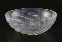 A Rene Lalique clear and opalescent glass 'Poissons' bowl, moulded mark 'R. LALIQUE' to centre, D.