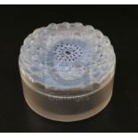 A Rene Lalique 'Dahlia' frosted glass powder box and cover, c.1930, the flower-moulded top blue-