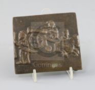 A 18th/19th century Indian bronze belt buckle, cast in relief with figures with a cannon and a horse