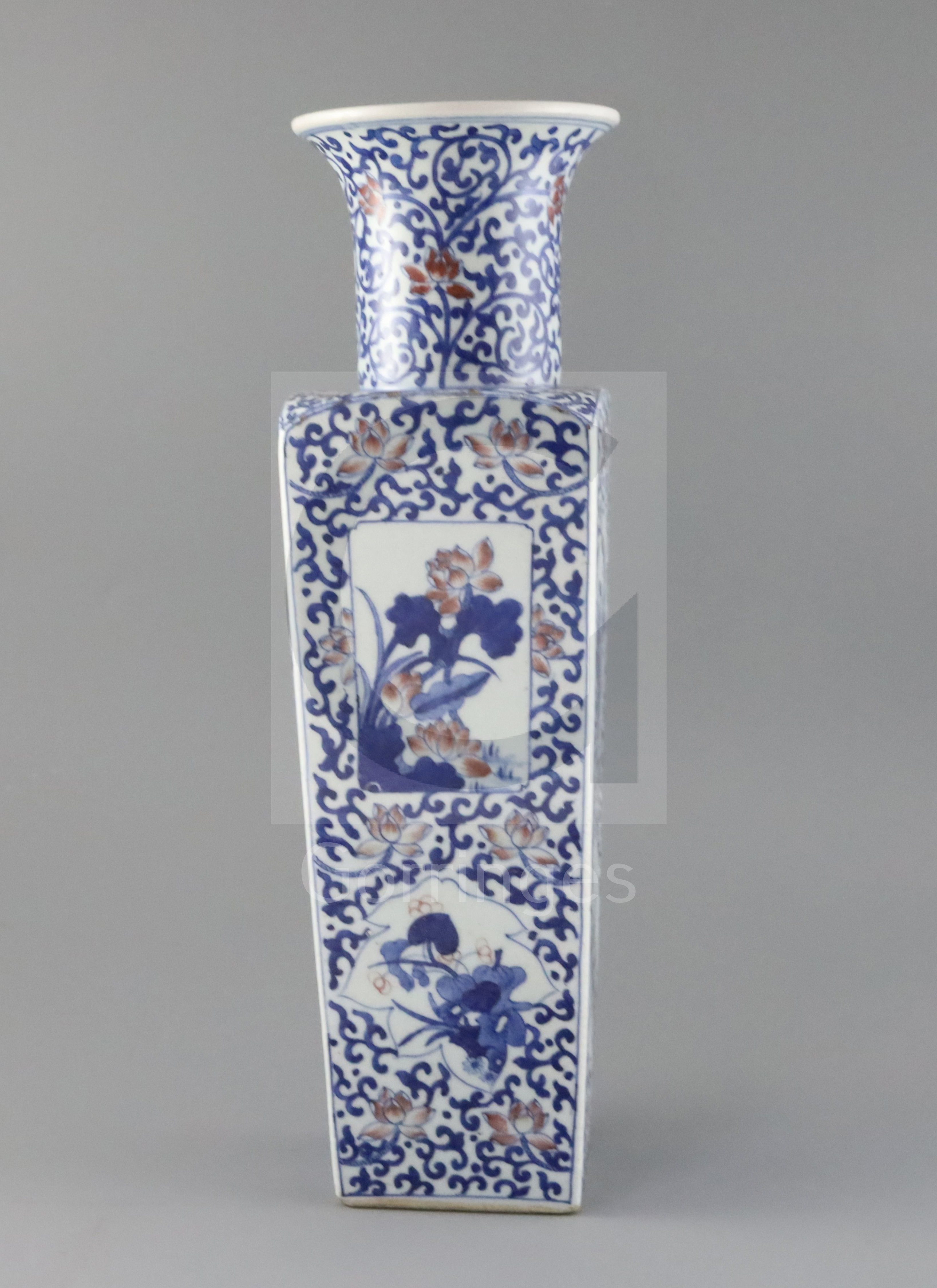 A Chinese underglaze blue and copper red square baluster vase, late Qing dynasty, painted with - Image 2 of 5