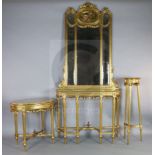 A three piece suite of Louis XVI style giltwood salon furniture, comprising a console table with