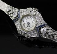 A lady's 14k white gold, sapphire and diamond set manual wind cocktail watch, with Arabic dial