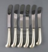 A modern set of twelve silver pistol handled table knives and a similar set of dessert knives, by