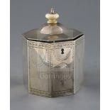 A George III silver octagonal tea caddy by William Turton, with turned ivory finial, engraved