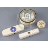 An early 19th century French ivory circular box, two late Georgian ivory toothpick cases and an
