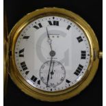 An engraved 18k gold Longines hunter keyless dress pocket watch, hung from a three colour mesh