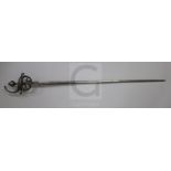 A 17th century German steel rapier, with ornate basket hilt and stamped blade, L.45in.