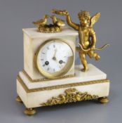 A 19th century French ormolu and white marble mantel clock, surmounted with Cupid and two doves,