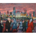 Gerald R. Jarman (British, 1930-2014)oil on canvasCityscape: 'Pink Sky Reflected'54.5 x 65in.