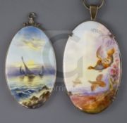 Two Royal Worcester oval porcelain plaques, the first signed C. Johnson painted with flying grey