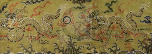 A Chinese yellow brocade 'dragon' panel fragment, 17th century, 64.5 x 25cm