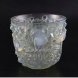 A Rene Lalique 'Avallon' opalescent glass vase, No. 986, with remnants of blue staining, incised