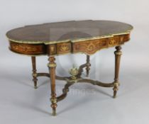 A 19th century French ormolu mounted marquetry centre table, with frieze drawer, on turned tapered