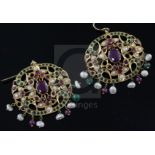 An ornate pair of Indian pierced gold, ruby, emerald and baroque pearl set drop earrings, 41mm.