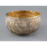 A late 19th/early 20th century Indian Lucknow silver bowl, embossed with continuous scene of animals